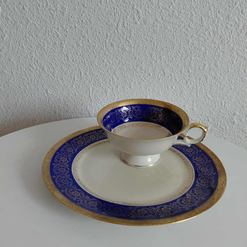 Antique MC AL-KA Kunst Kronech Bavaria Tea Cup Plate Cobalt Gold Set